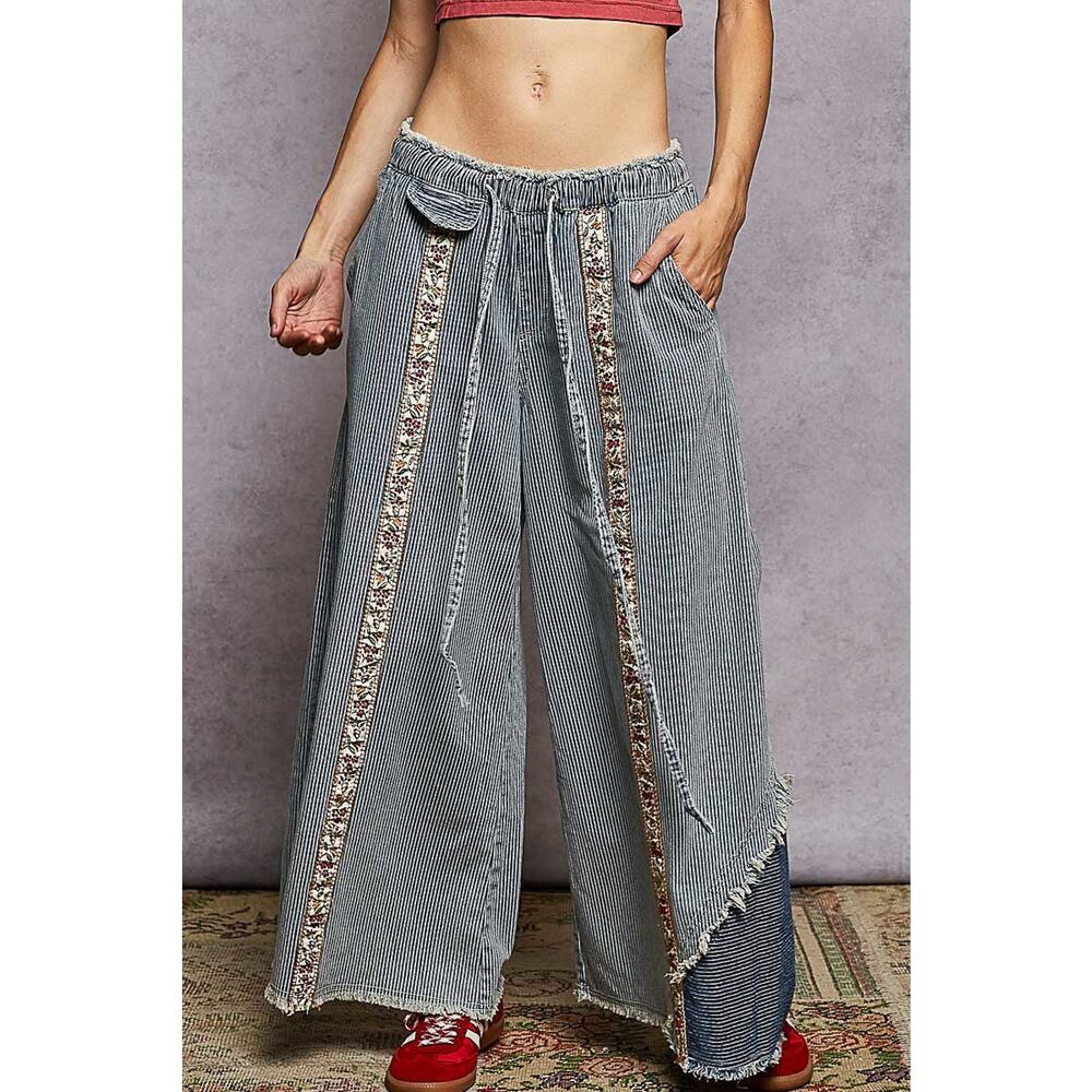 "Flora Striper" Floral Accent Pants in Striped Denim